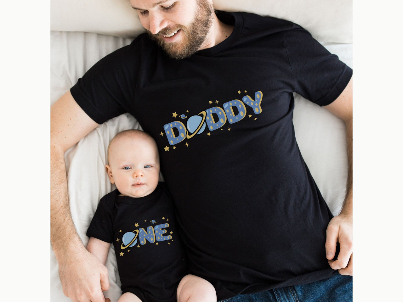 Planet Theme First Birthday Shirts with Moon Letters