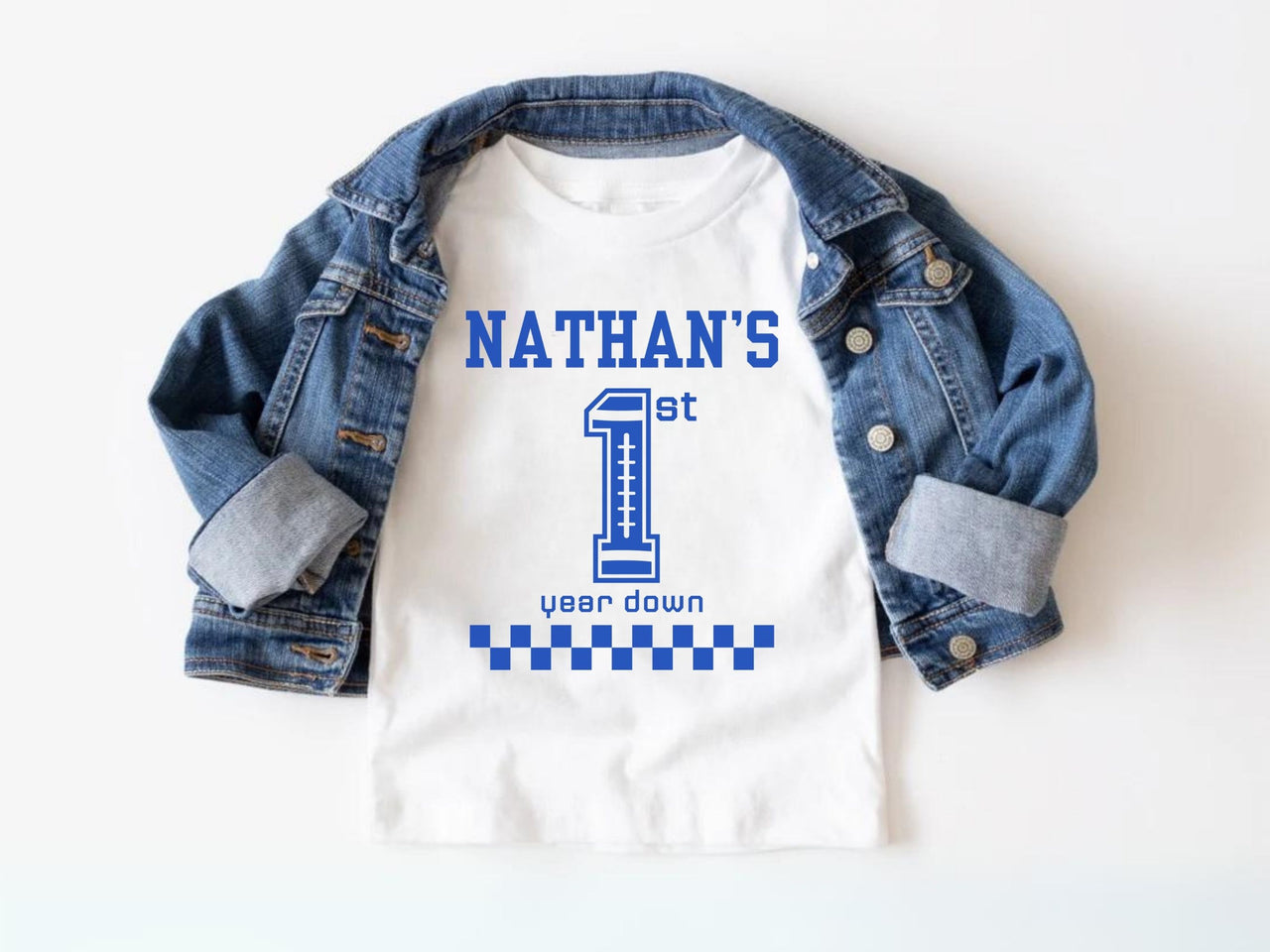 Personalized 1st Year Down Shirt – Blue Varsity Game Day Design