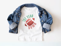1st Year Down Football Birthday Shirt – Curved Text Design