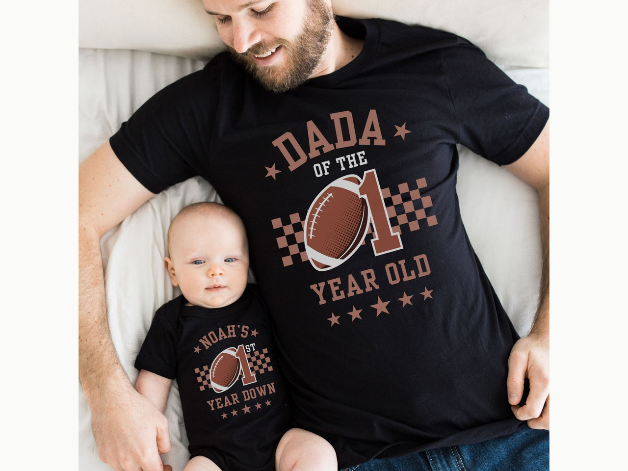 Personalized 1st Year Down Birthday Shirt – Football & Checkered Design