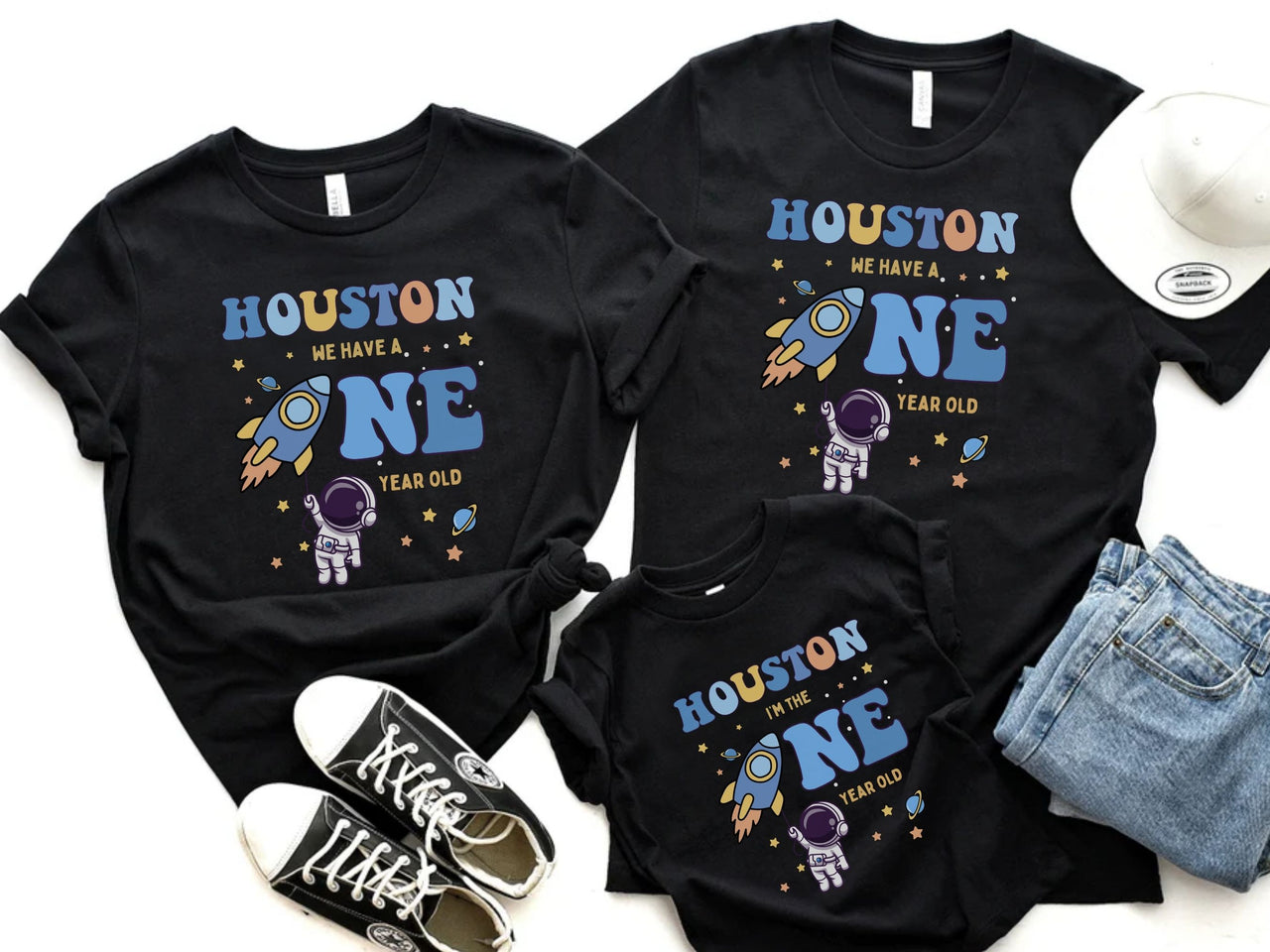 Hanging Astronaut - Space Theme 1st Birthday Tees