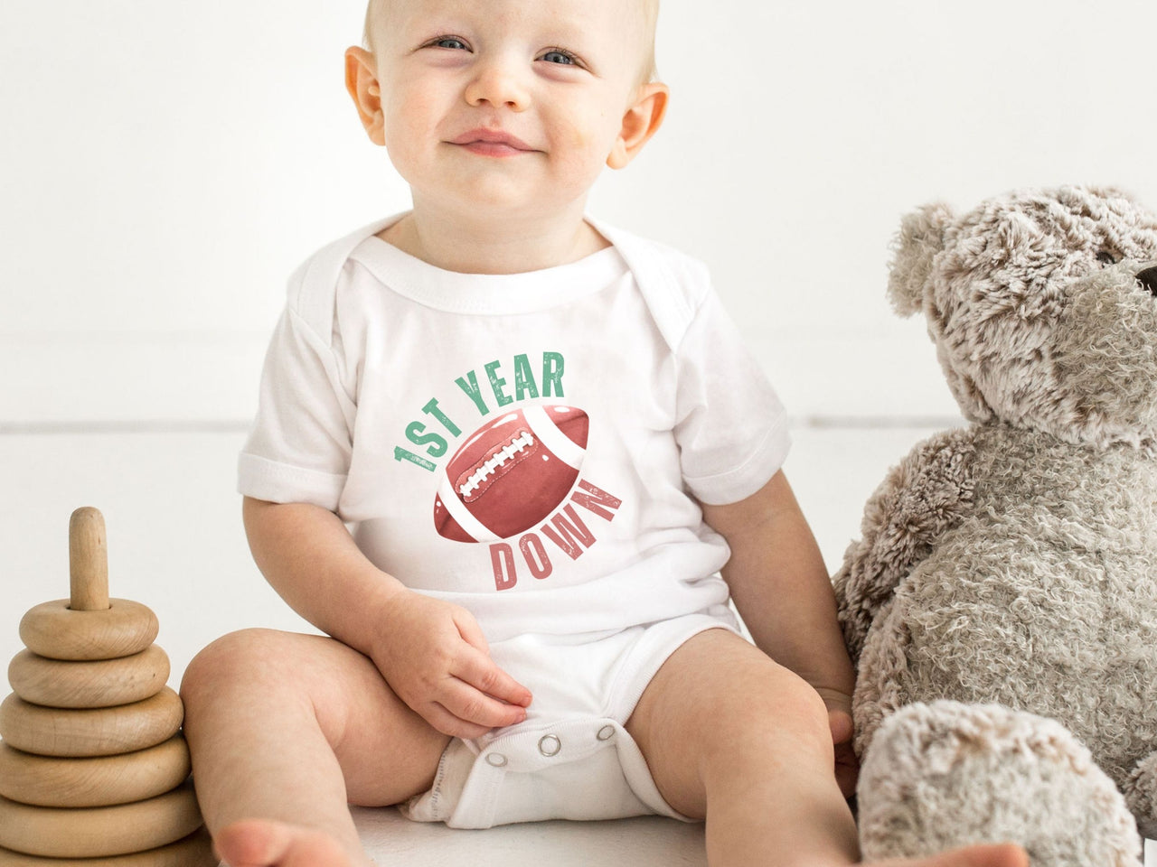 1st Year Down Football Birthday Shirt – Curved Text Design