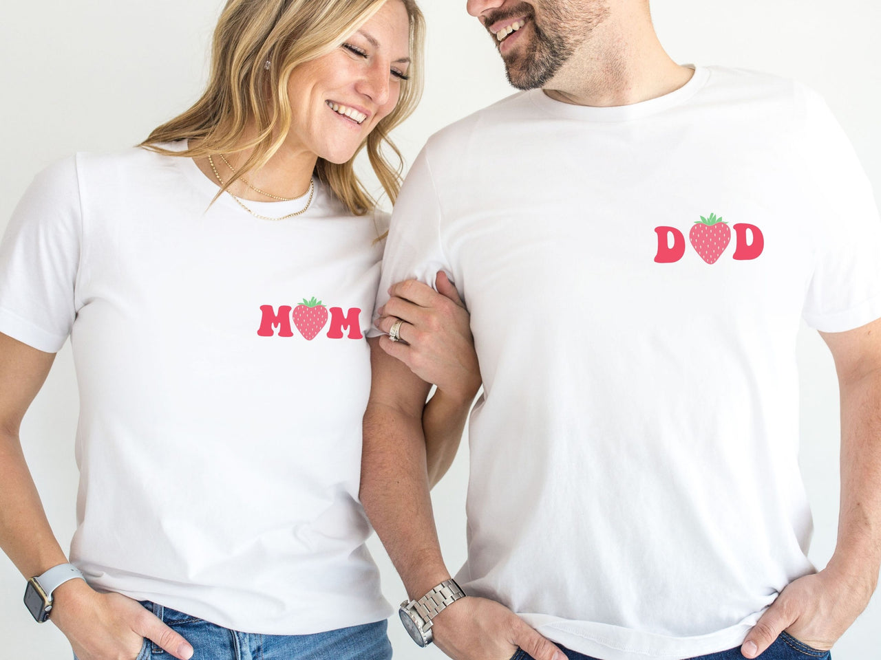 Strawberry Pocket Design Matching Mom Dad Shirts