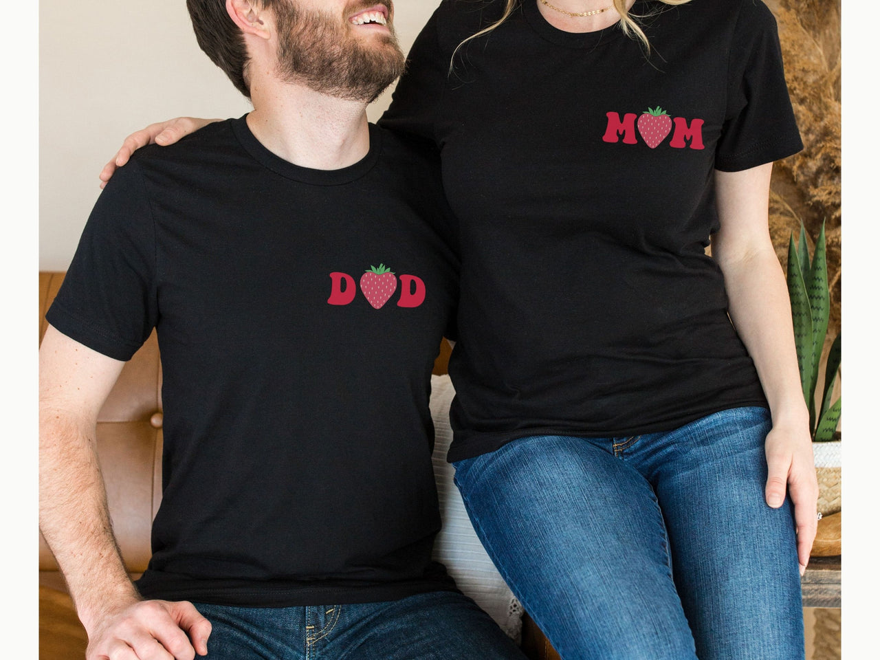 Strawberry Pocket Design Matching Mom Dad Shirts