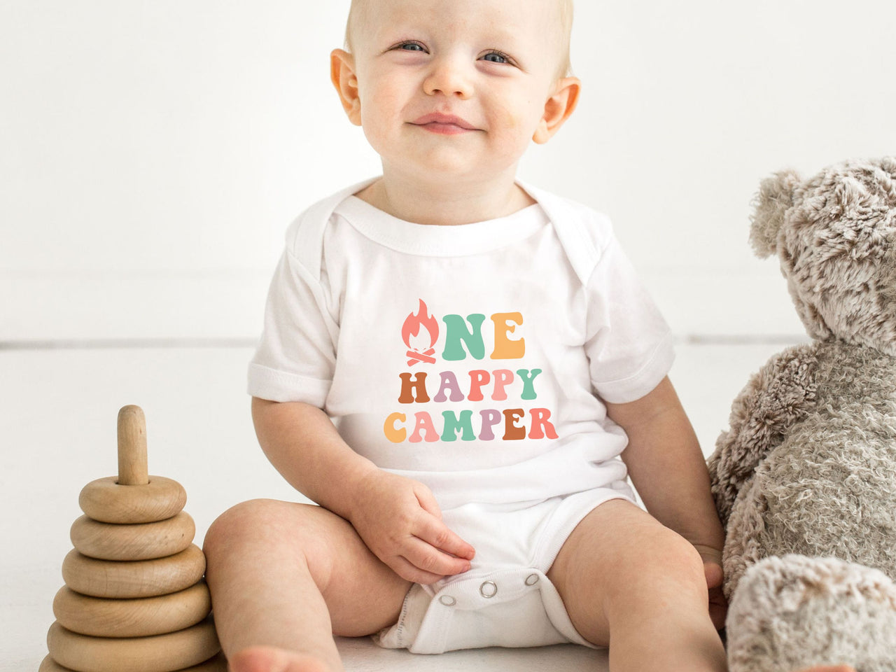Colorful Campfire Happy Camper Shirts - 1st Birthday